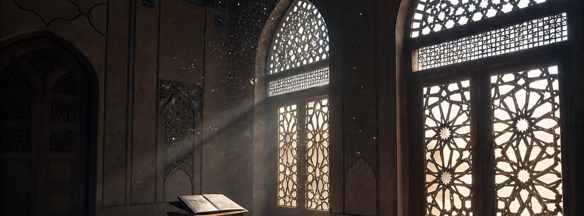Sunlight through a mosque's carved wooden window